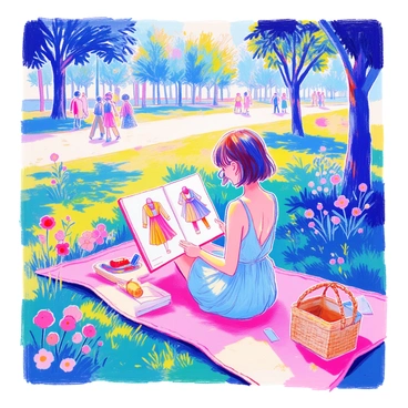 A person is sitting on a green grassy area in a sunny park, holding an open fashion illustration book. The individual has short brown hair and is wearing a light blue summer dress. Sunlight filters through the leaves of nearby trees, casting dappled shadows on the ground. Around them, there are blooming flowers in various colors, and a few people can be seen walking in the background. The book displays colorful sketches of clothing designs and accessories. A picnic blanket with a wicker basket is spread nearby.