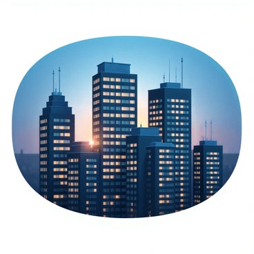 A city skyline featuring a variety of tall buildings with glass windows reflecting the last rays of sunlight. The sky is transitioning into a deep blue, with hints of orange and pink near the horizon. Lights are beginning to twinkle from the buildings, creating a vibrant contrast against the darkening sky. The silhouettes of the structures are sharp and distinct, with antennas and rooftops adding detail to the skyline.