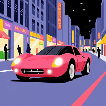 A sleek red sports car speeds down a wide road lined with tall buildings. The car's headlights shine brightly, illuminating the asphalt. Colorful neon signs from nearby shops and restaurants reflect off the car's polished surface. In the background, a blur of pedestrians and other vehicles creates a sense of motion and liveliness. The sky is dark, showcasing the vibrant energy of a bustling city at night.
