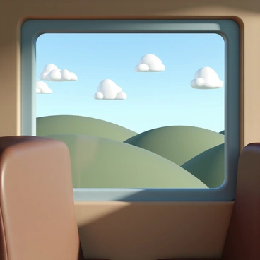 A view from inside a bus, with the interior showing brown leather seats and a window frame. Outside the window, there are rolling green hills under a clear blue sky dotted with a few fluffy white clouds. The sunlight casts shadows on the hills, creating depth in the landscape. The bus has a slight reflection on the window, adding a layer to the scene.