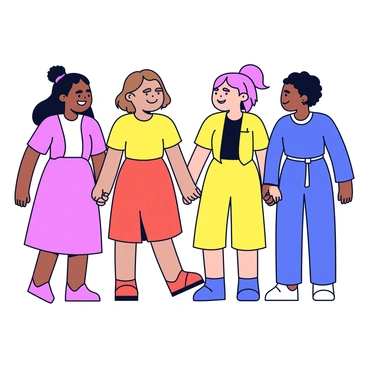 A circle of women standing together, each holding hands. The women have diverse appearances, showcasing a variety of skin tones and hairstyles. They are dressed in simple, colorful dresses that reflect their individuality. The women are smiling at each other, symbolizing unity and connection. Their stance is strong and confident, with their heads held high, radiating a sense of support and empowerment. The background is plain, highlighting the circle of women in the foreground.