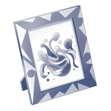 An abstract photo frame with geometric shapes and a vibrant abstract art piece inside