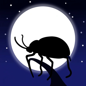 A scarab beetle with detailed features is positioned in profile, creating a silhouette against a large, round full moon. The night sky is deep blue, scattered with small white stars twinkling in the background. The edges of the moon are softly illuminated, casting a gentle glow around the beetle, which has a shiny, textured exoskeleton. The overall composition emphasizes the contrast between the dark silhouette of the beetle and the bright, luminous moon.