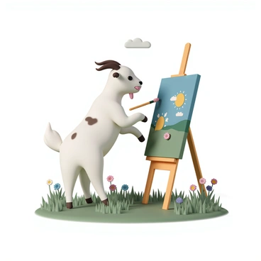 A goat, with a white coat and brown spots, stands on its hind legs in a sunlit field. It is using its front hooves to hold a paintbrush to create a colorful landscape on a canvas on an easel. The easel is positioned on lush green grass, surrounded by blooming wildflowers in various colors. The goat has a focused expression, its tongue slightly sticking out as it concentrates on its artwork. In the background, a clear blue sky and a few fluffy clouds are visible, enhancing the bright atmosphere of the scene.