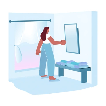 A customer is standing in a fitting room, looking at their reflection in a full-length mirror. The customer is wearing a fitted top and trousers. The fitting room is softly lit, with pastel-colored walls that provide a warm atmosphere. A stack of clothing items is visible on a nearby bench, showcasing various colors and textures. The floor is covered with a light-colored carpet, adding to the comfort of the space. A curtain hangs partially open, allowing hints of light to filter in.