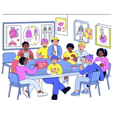 A classroom filled with bright, educational posters depicting various aspects of the "human body". The walls are adorned with detailed illustrations highlighting organs, muscles, and skeletons. In the center of the room, several students are gathered around "anatomy models" on a table, examining a model of a human skeleton and another of the human heart. The students are engaged, with one pointing at the skeleton while another is taking notes. Desks are arranged neatly around the room, contributing to a focused learning environment.