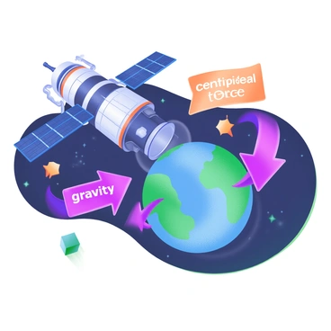 A space station orbiting Earth is depicted with a detailed representation of the planet below, showing its blue oceans and green landmasses. The space station has a sleek, futuristic design with solar panels extending from its sides. Arrows depicting "gravity" and "centripetal force" are illustrated in bold, bright colors, clearly indicating their directions. The gravity arrow points towards Earth, while the centripetal force arrow curves around the space station, illustrating the balance of forces in orbit. The background is filled with stars and a dark, vast space, enhancing the feeling of being in orbit.