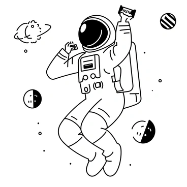 An astronaut in a space suit is floating in the vastness of space, surrounded by stars and planets. The astronaut is holding a KitKat bar in one hand, taking a bite from it. The helmet reflects distant celestial bodies, and there are small particles of space debris around. The suit is detailed with various patches and equipment.