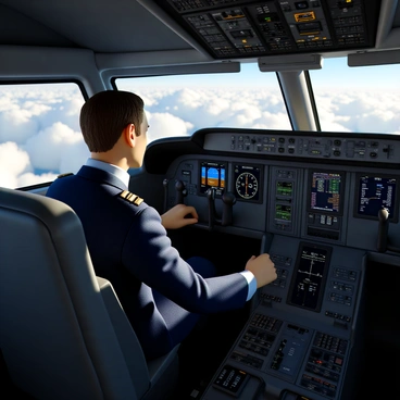 A lead pilot confidently navigating an airplane cockpit high above the clouds