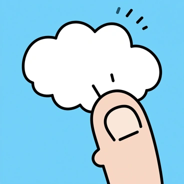 A giant finger, detailed with realistic textures and a natural skin tone, is playfully poking a fluffy white cloud in a bright blue sky. The cloud is voluminous, with soft edges and a puffy appearance, contrasting against the smooth background. The finger is oversized in comparison to the cloud, emphasizing the playful interaction. The scene captures a lighthearted and whimsical moment in the vastness of the sky.