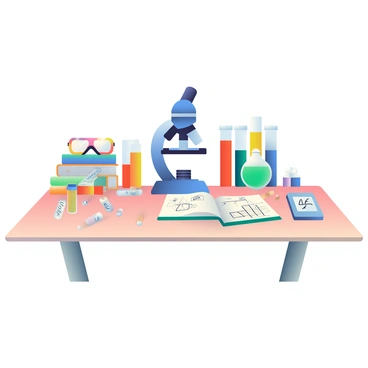 A scientist's desk is filled with various pieces of laboratory equipment and experimental pills. In the center, there is a blue microscope with a glass slide placed under the lens. Surrounding the microscope are several colorful test tubes filled with different liquids, ranging from bright red to deep green. A white lab notebook is open, displaying scribbled notes and diagrams. Scattered around the desk are small vials containing experimental pills, each labeled with handwritten tags. A pair of safety goggles rests on top of a stack of books, and a digital scale is visible on one side, showing a weight reading. The desk is made of light wood and is placed in a brightly lit lab space.