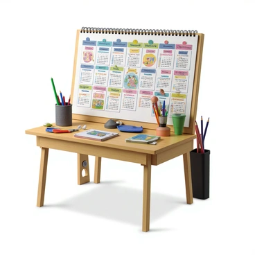 A calendar displayed on a wooden desk, featuring a colorful layout of various creative workshops for illustration students. Each month is shown with distinct illustrations representing different workshops, such as sketching, digital painting, and character design. The calendar pages are filled with vibrant colors and playful typography. There are small icons next to each workshop date, indicating the type of activity, such as a pencil for sketching and a computer for digital art. The background includes a few art supplies like colored pencils, brushes, and sketchbooks scattered around the desk.
