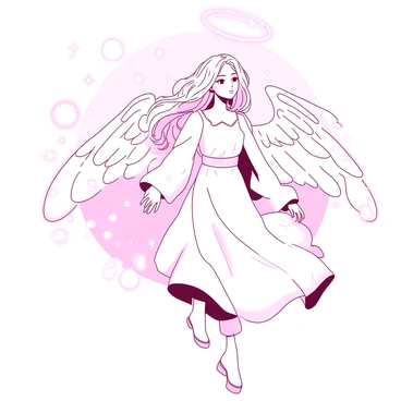 A character with flowing hair and a serene expression is transforming into an angel. The character is depicted with growing white wings that emerge gracefully from their back. Surrounding the character are numerous sparkling orbs of light, illuminating the scene. The background features a soft glow, enhancing the ethereal effect of the transformation. The character's outfit transitions into a flowing robe, blending harmoniously with the light around them.