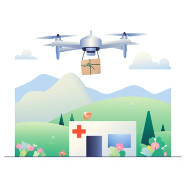 A drone with a sleek, silver body is hovering in the air above a rural clinic. Below, the clinic is a small, white building with a red cross symbol on its front. The drone has a small package secured to its undercarriage, wrapped in brown paper and tied with twine. Surrounding the clinic are green fields dotted with wildflowers and a few scattered trees. In the distance, there are rolling hills under a clear blue sky. The scene captures the moment just as the drone begins to lower the package towards the clinic's entrance.