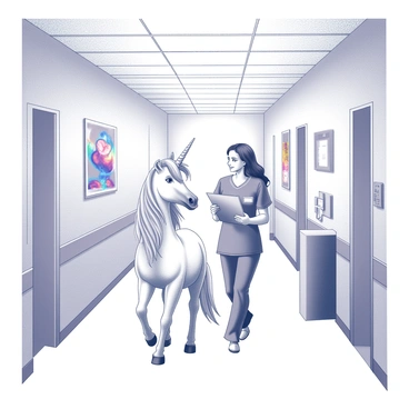 A nurse in scrubs is walking alongside a unicorn in a hospital corridor. The nurse is holding a clipboard and appears focused, while the unicorn, with a spiraled horn and flowing mane, is walking calmly beside her. Hospital equipment and vibrant medical posters line the walls. The floor is polished and shiny, reflecting the soft light from overhead fixtures. The unicorn's presence adds an element of wonder to the clinical setting.