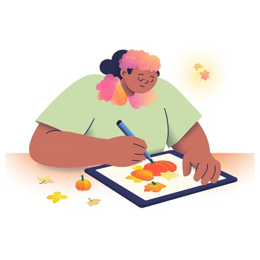 An illustrator with light brown skin and curly hair is seated at a wooden table, focused on her digital art project. She is using a tablet connected to a stylus, creating a vibrant piece featuring "autumn leaves" in shades of orange, red, and gold, alongside "pumpkins" in various sizes and colors. Scattered around her on the table are real autumn leaves and small decorative pumpkins, adding to the seasonal theme. The background includes a warm, ambient light that enhances the cozy atmosphere of her workspace.