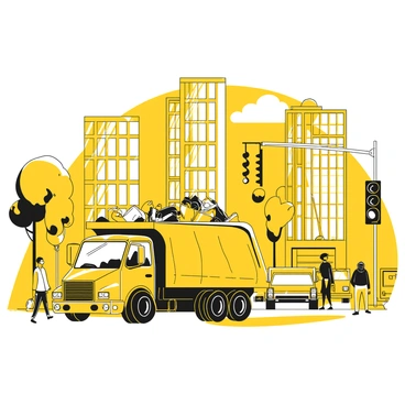 A large junk truck with an open back, filled with various discarded items, drives down a busy city street. The street is lined with tall skyscrapers, featuring glass windows reflecting the sunlight. People walk along the sidewalk, some carrying bags, while others wait at a bus stop. A couple of trees are planted along the road, providing a touch of greenery among the urban landscape. In the background, a traffic signal is visible, with cars and buses navigating the bustling street.