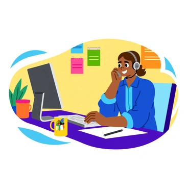 A customer service representative sitting at a modern desk, speaking on a headset and looking at a computer screen. The representative has a friendly expression and is wearing a professional uniform, which includes a bright blue shirt. The desk is organized with a notepad and a pen, and there is a colorful mug with a logo next to the computer. In the background, there are colorful posters on the wall that promote teamwork and customer satisfaction. The lighting is bright and inviting, creating a warm atmosphere in the office.