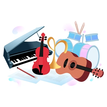 An array of musical instruments is displayed together in a creative arrangement. A grand piano with glossy black keys is positioned to the left, reflecting soft light. Next to it, a shiny brass trumpet is angled slightly, capturing light gleams. A vibrant red violin rests elegantly beside the trumpet, its polished wood contrasting with the other instruments. A wooden acoustic guitar, with intricate designs on its body, is laid flat across some sheet music. In the background, a set of colorful drums stands, their drumsticks resting on top. The entire scene is filled with subtle gradient pastel colors that blend harmoniously.