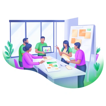 A modern office space with large windows allowing natural light to flood in. In the center of the room, a group of five accountants are gathered around a sleek, white conference table. They are engaged in a brainstorming session, with one accountant pointing at a digital tablet displaying graphs and charts. Another accountant is taking notes on a clipboard, while two others are discussing animatedly, with papers and pens scattered around them. A large whiteboard with colorful sticky notes is visible in the background, complementing the collaborative atmosphere. The office has a contemporary design with minimalist furniture and plants strategically placed around the room.