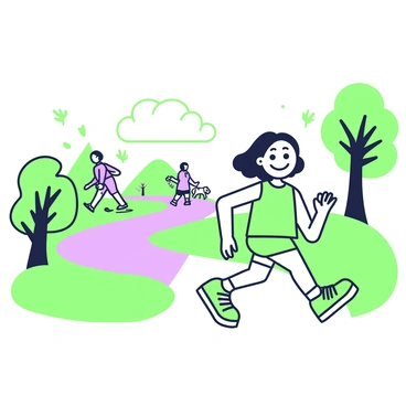 A colon character is jogging along a winding path in a park. The colon is animated and has a cheerful expression. It is wearing a pair of green sneakers with laces. Surrounding the path, there are trees with leafy branches, and in the background, a few people are walking dogs and enjoying the outdoors. The sky above is clear, providing a bright atmosphere to the scene.