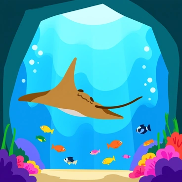 A manta ray gliding gracefully through a vibrant underwater cave filled with colorful coral formations. The cave walls shimmer with shades of blue and green, and beams of sunlight filter down from above, illuminating the scene. Various fish swim alongside the manta ray in a school, showcasing bright colors and unique patterns. Bubbles rise to the surface, adding to the lively atmosphere of the enchanting grotto. The manta ray has wide wings and a gentle expression, exploring its surroundings with curiosity.