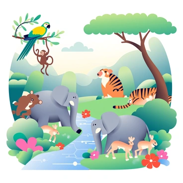 A vibrant jungle scene is filled with various animals living harmoniously. In the foreground, a large, colorful parrot with green and yellow feathers is perched on a branch. To the left, a playful monkey is swinging from the vines, its brown fur contrasting against the lush green leaves. A group of three elephants with gray skin and large ears is drinking water from a clear stream that flows through the jungle. In the background, a majestic tiger with orange and black stripes is resting quietly under a tree, while a family of deer with light brown coats grazes on the grass nearby. Brightly colored flowers in shades of red, pink, and blue add pops of color throughout the scene, creating a lively atmosphere filled with life.