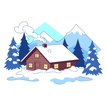 A white cozy cabin with warm light glowing from its windows is nestled among a backdrop of tall, snow-covered mountains. The cabin has a rustic wooden exterior and a sloped roof blanketed in snow. Smoke is gently rising from the chimney, blending with the crisp air. Surrounding the cabin, there are evergreen trees adorned with a layer of white snow, adding to the winter atmosphere. The ground is covered in a thick layer of untouched white snow, reflecting the tranquility of the scene.