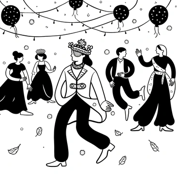 A person wearing an ornate "Venetian mask" is gracefully moving through a lively "masquerade ball". The person is dressed in an elaborate, flowing costume adorned with intricate patterns and embellishments. The background features various other attendees in vibrant costumes and masks, engaged in conversation and dance. Sparkling decorations hang above, while the floor is adorned with flowing fabric and scattered feathers. The atmosphere is filled with the sense of celebration and mystery, capturing the essence of the event.