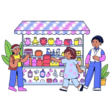 A young girl named Nobara is exploring a vibrant market stall filled with an array of handmade crafts. The stall is covered with colorful fabrics displaying various items, including intricately woven baskets, charming ceramic figurines, and hand-painted wooden toys. Nobara has short brown hair and is wearing a light blue dress with floral patterns. She is reaching towards a bright red pottery piece, her eyes filled with curiosity. Surrounding her are other market-goers and tall, green plants that add to the lively ambiance of the scene.