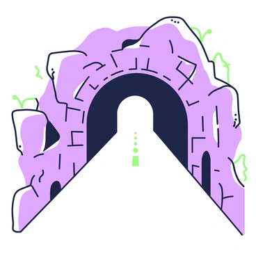 A tunnel extends in front of the viewer, with a clearly visible path leading straight ahead. The walls of the tunnel are rough and textured, with shadows creating a sense of depth. On either side of the path, there are indistinct shapes and forms, suggesting obscured and unseen opportunities. The dim lighting enhances the atmosphere of the tunnel, allowing the viewer to feel the weight of the unknown beyond the clear path. The end of the tunnel is illuminated, drawing the eye toward it.