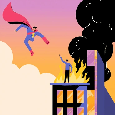 A superhero in a bright red and blue costume with a flowing cape is swooping down from the sky. The superhero has a determined expression on their face, showcasing their bravery. Below, a person is standing on a balcony of a tall building engulfed in flames and thick black smoke. The building has large windows shattered from the heat. The superhero extends one hand toward the person, ready to rescue them. Flames are flickering and the smoke billows around the scene, creating a dramatic atmosphere. The sky is a gradient of orange and purple, indicating sunset.