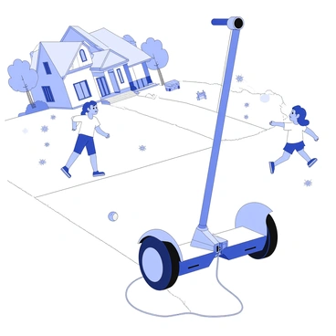 A segway is parked and charging on a suburban driveway. It features a sleek design with handlebars and a large base for stability. Nearby, two children are playing in the yard, one is throwing a ball while the other is catching it. The yard has a well-maintained lawn with green grass and a few scattered toys. In the background, a cozy house is visible with a front porch and trees lining the property. The atmosphere conveys a sense of a typical day in a suburban neighborhood.