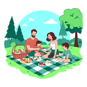 A teal and white picnic blanket is spread out on the green grass of a sunny park. A family of four is sitting on the blanket, smiling and enjoying their picnic. There is a wicker basket filled with fruits and sandwiches placed on one side, and colorful snacks are scattered around. The parents are seated next to each other, while two children are playfully reaching for a plate of cookies. In the background, there are tall trees providing shade and a few birds flying in the clear blue sky.