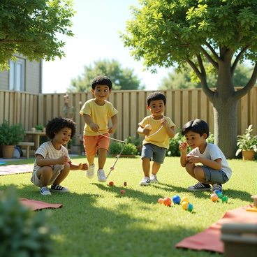 A group of children playing traditional games in a spacious backyard under bright sunlight. The scene features four children of diverse ethnic backgrounds, two boys and two girls. One boy is jumping rope, his face filled with joy, while the other boy is playing with a wooden top, skillfully spinning it on the ground. One girl is crouched down, focused on a game of marbles, arranging them carefully in the grass, while the other girl is holding a small ball, ready to play catch. The backyard is surrounded by a wooden fence and has a variety of green plants and flowers. A large tree provides shade, and colorful picnic blankets are spread out nearby, adding to the cheerful atmosphere.