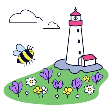 A bee with yellow and black stripes is flying toward a tall, white lighthouse. The lighthouse has a red top and is situated on a rocky coastline. Surrounding the lighthouse are various wild coastal flowers, including purple lavenders, white daisies, and yellow buttercups. The flowers are in full bloom, creating a colorful patch against the green grass. The sky above is clear with a few fluffy white clouds.