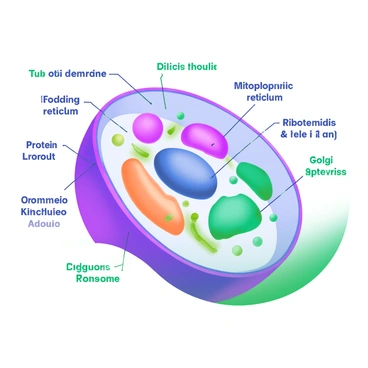 A modern pastel illustration of an animal cell with various organelles clearly labeled. The cell membrane is depicted as a soft, rounded barrier enclosing the cell’s interior. Inside, the nucleus is shown in a prominent position, with a label describing its role in storing genetic information. Mitochondria are illustrated as oval shapes with inner folds, accompanied by a label explaining their function in energy production. The endoplasmic reticulum appears as a series of interconnected membranes, with a label detailing its role in protein and lipid synthesis. Ribosomes are depicted as small dots, with a label indicating their function in protein assembly. The Golgi apparatus is illustrated as a stack of flattened sacs, labeled to describe its role in modifying and packaging proteins. Lysosomes are shown as small spheres, with a label explaining their function in digestion and waste removal.