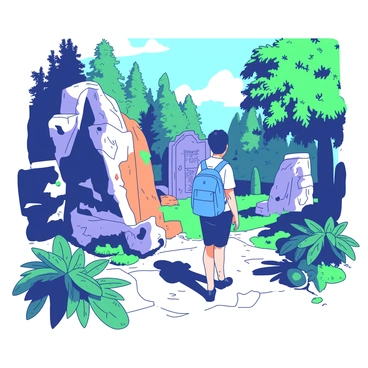 A tourist wearing a blue backpack is standing on a stone pathway among ancient ruins. The ruins consist of crumbling stone structures with intricate carvings partially covered in orange moss. Surrounding the ruins, there is dense greenery consisting of tall trees and vibrant ferns, creating a rich backdrop. Sunlight filters through the leaves, casting dappled shadows on the ground, enhancing the atmosphere of exploration. The tourist is observing a large stone wall with historical markings, showing a sense of wonder and curiosity.