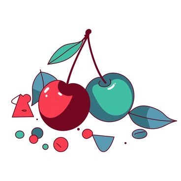 A red cherry with a shiny surface is placed next to a teal cherry, both resting on a soft white background. The cherries have detailed leaves, one leaf is bright green and the other is a deep blue, adding contrast to the scene. Surrounding the cherries are abstract shapes in various sizes and orientations, including circles and triangles, some in red and others in teal, creating a dynamic composition. The arrangement emphasizes the vivid colors of the cherries and their glossy appearance.