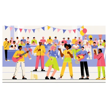 A lively street performance taking place on a bustling sidewalk. Musicians are playing colorful instruments, including a bright red guitar and a shiny brass trumpet. Dancers in vibrant costumes are performing energetic moves, surrounded by an enthusiastic crowd of spectators. The crowd is diverse, with people of different ages and backgrounds, clapping and cheering. Brightly colored banners and balloons are visible in the background, adding to the festive atmosphere of the scene.