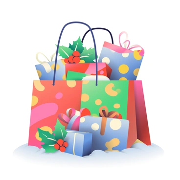 A festive shopping bag is sitting upright, filled to the brim with various wrapped gifts. The bags are decorated with colorful holiday patterns in red, green, and gold. The gifts inside are wrapped in shiny paper, featuring bright colors like blue, red, and silver, topped with contrasting ribbons and bows. Nestled among the gifts is a sprig of holly with vibrant green leaves and bright red berries, adding a natural touch to the festive scene. The bag has sturdy handles and is placed on a soft, white surface, suggesting a wintery theme.