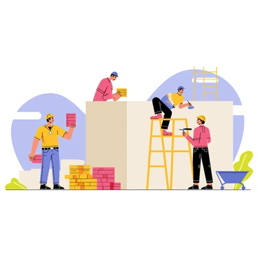 Workers constructing a new building with bricks at a busy construction site