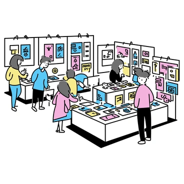 A trade show area filled with booths where illustrators are selling their prints and merchandise. Each booth has a colorful display of art prints hanging on the walls and laid out on tables. Some illustrators are standing behind their tables, engaging with customers. A few attendees are browsing through the merchandise, which includes art books, stickers, and handmade crafts. The atmosphere is busy, with people chatting and admiring the artwork around them. Bright lights illuminate the space, highlighting the vibrant colors of the prints on display.