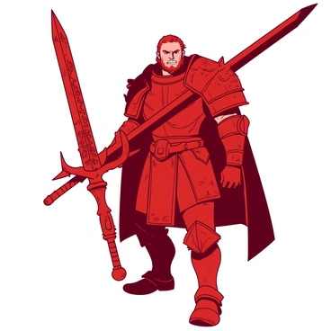 A red Goliath warrior is standing imposingly, clad in heavy, intricately designed armor that covers his entire body. He is gripping a gigantic sword with both hands, the blade gleaming under the light. The sword is almost as tall as he is, with ornate carvings along the blade. The warrior's expression is fierce, showcasing determination and strength. His armored boots are firmly planted on the ground, and the details of the armor, such as spikes and engravings, add to his formidable presence.