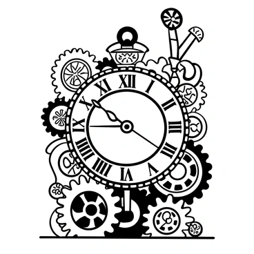 A detailed steampunk-inspired clock with intricate gears and cogs. The clock face features ornate Roman numerals arranged in a circular pattern. The gears are interlocking, showcasing their complex design with various sizes and shapes. Pipes and tubes extend from the clock, adding to the mechanical aesthetic. Decorative elements, such as filigree patterns, surround the clock face, enhancing the steampunk theme. The entire illustration is presented in clear black-and-white line art.