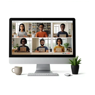 A group of diverse team members appearing on a computer screen displaying a video call. The team members are located in various settings: one is in a cozy home office with bookshelves, another is at a bright café with sun streaming through the window, a third is sitting in a modern conference room with large windows, and a fourth is in a minimalist workspace with indoor plants. Each member has a unique appearance, showcasing different ethnicities and styles of clothing. The computer screen is prominently placed on a desk with office supplies around it. The atmosphere feels collaborative and dynamic as the team members engage with one another on the call.