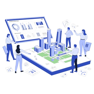 A group of urban planners is gathered around a large digital display, collaborating with AI software to design futuristic city landscapes. The display shows a detailed 3D model of a city with towering skyscrapers and green spaces. The planners are pointing at various sections of the model, discussing innovative transportation systems and sustainable architecture. Advanced data analytics are visible on the screen, showcasing population density and resource management efficiency. Various architectural elements such as solar panels and vertical gardens are integrated into the designs. The environment is busy with sketches and diagrams scattered around the planners, illustrating their ideas and concepts.