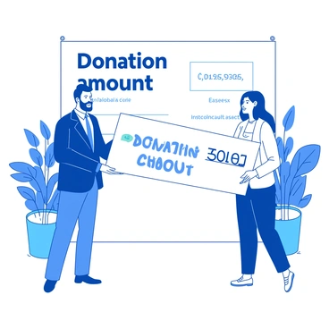 A blue corporate representative wearing a suit is standing in front of a white backdrop, holding a large donation check with a prominent "Donation Amount" written in bold letters. The representative is smiling and extending the check towards a person from the local charity, who is wearing a yellow shirt and looks grateful. In the background, a banner displaying the charity's name is visible, along with a few potted plants that add a touch of greenery to the scene.