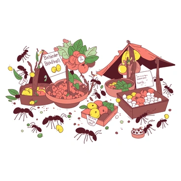 A duotone illustration of a bustling ant market where numerous ants are busy trading. There are various stalls made of leaves and small twigs, each adorned with vibrant displays of seeds and tiny fruits. The ants are carrying small pieces of fruit and seeds, exchanging them with each other. Some stalls have intricate labels made from tiny bits of bark, identifying their goods. The ground is covered with a mix of tiny pebbles and bits of dirt, and the overall atmosphere is lively with ants scurrying and interacting among the stalls.