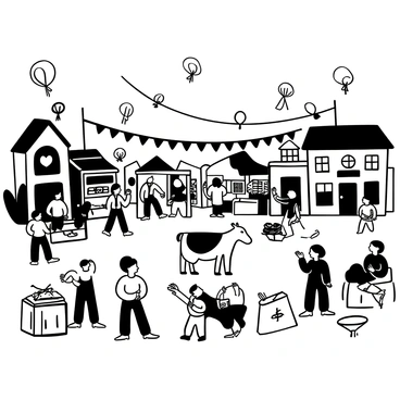 A vibrant village square bustling with activity during a spring festival. Colorful decorations are strung between buildings, and villagers are dressed in traditional clothing. In the center, there is a two-headed calf standing calmly among the crowd, drawing the attention of onlookers. Stalls are set up around the square, offering handmade goods and delicious treats. Children are playing games nearby, while adults engage in lively conversations. Balloons and streamers float above the scene, adding to the festive atmosphere.